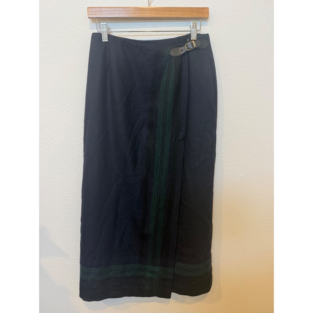 Vintage Talbots Petites Navy Green Plaid Wool Blend Wrap Maxi Skirt Sz 10P